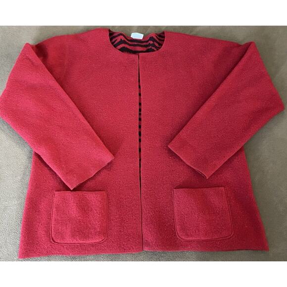 Chico’s Design 3 (XL) 100% Boiled Wool Reversible Red, Red Blk Animal Print Jckt - Picture 3 of 9